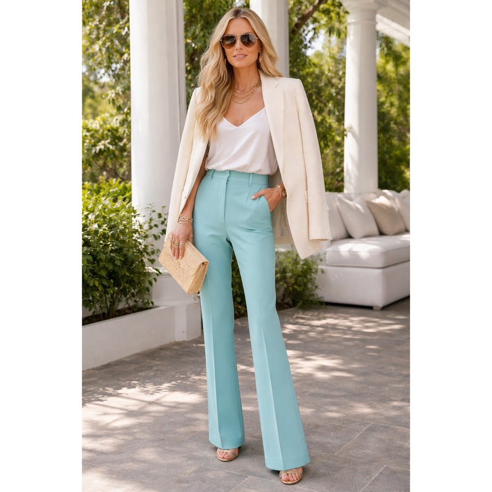 Rachel Zoe Womens Hi-Rise Kick Flare Pants Light Blue Stretch Trousers Size 8